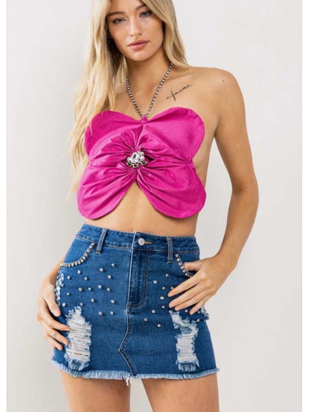 Embellished Distressed Denim Mini Skirt - Blue